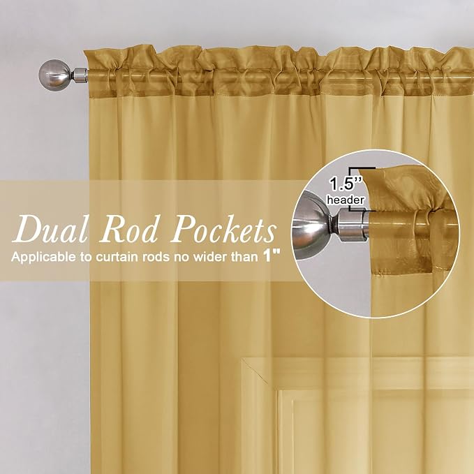 Gold Sheer Curtains 84 Inches Long 2 Panels, Light Filtering Airy Voile Window - Image 2