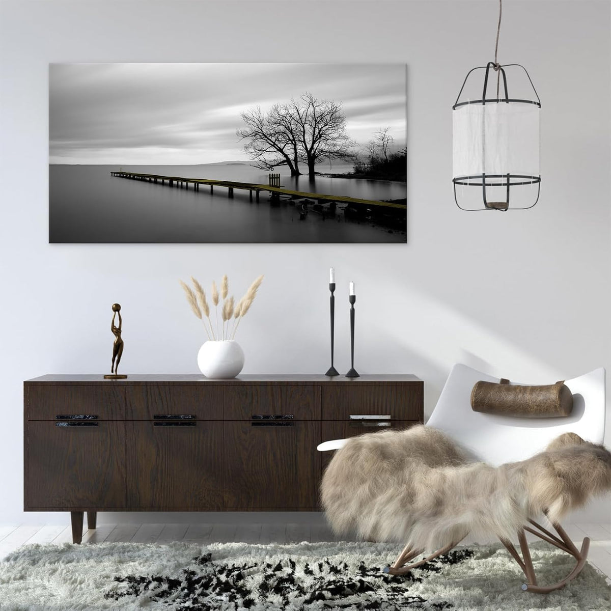 DZL Art S74998 Gray Canvas Prints Modern Minimalist Black and White Lake Trees Landscape Wall Art Painting for Living Room Bedroom Decor Office Wall Decor Home Decoration
