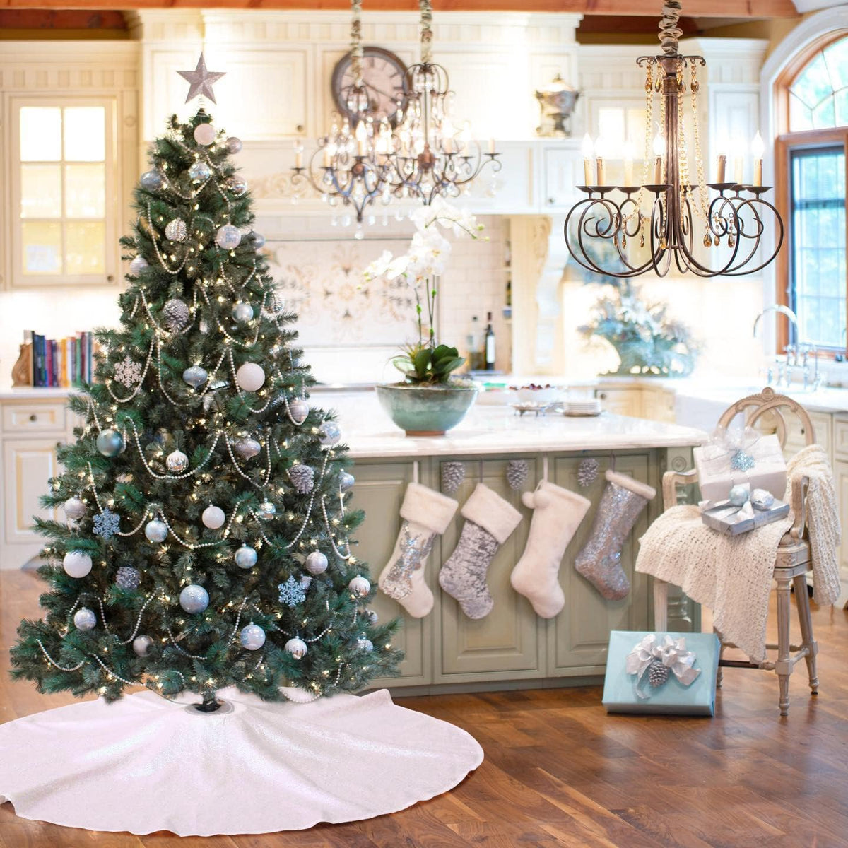 Large Christmas Tree Skirt 48 inches Sequin Tree Skirt Glitter Xmas Holiday Decoration Iridescent White