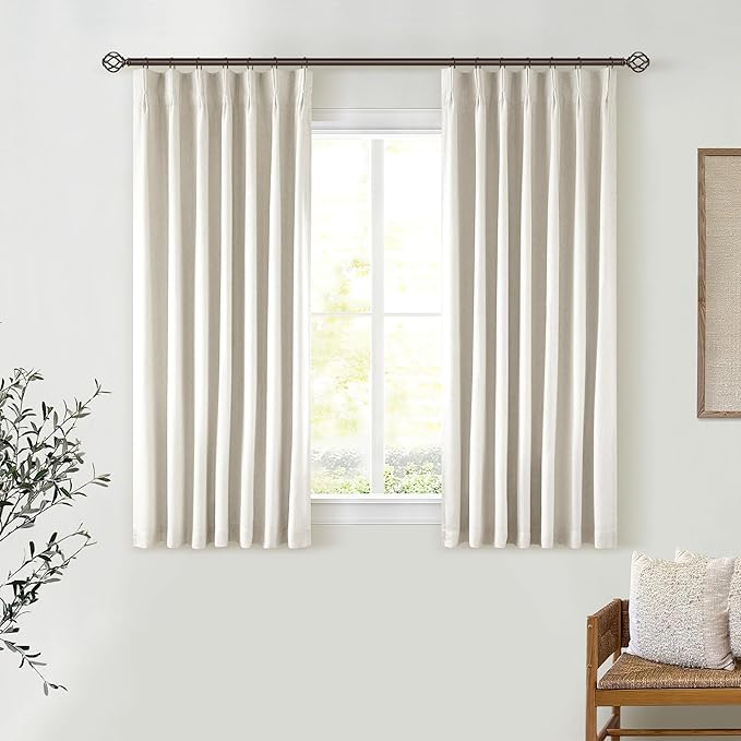 Cream Pleated 100% Blackout Linen Short 45 Inch Curtains 2 Layers Natural | by Twodrapes