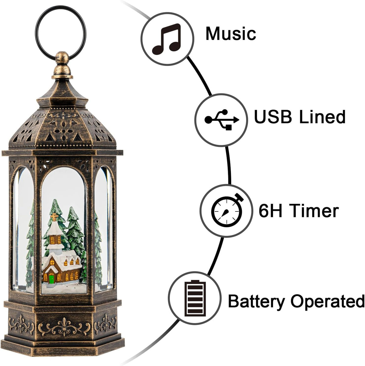 Christmas Snow Globe Lantern Lighted Holiday Village Church with Music& Timer, USB Lined/Battery Operated Lighted Lantern for Christmas Festival Decoration Gifts