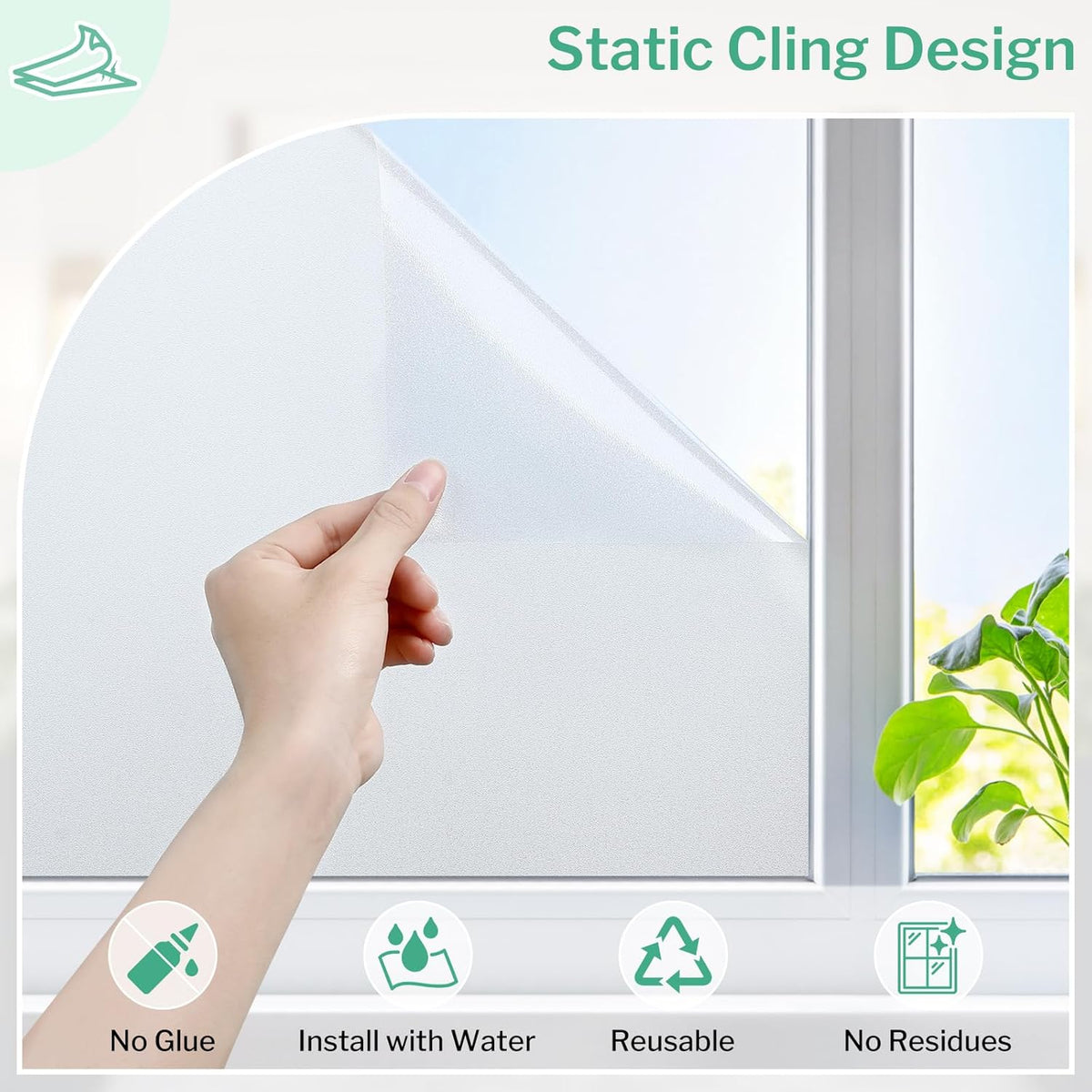 DOWELL Window Privacy Film, Frosted Glass Window Film, Static Cling Non-Adhesive Glass Clings, Sun Blocking Opaque Coverings, Reusable Door Stickers for Bathroom Home Office, Pure, 17.5" x 78.7"