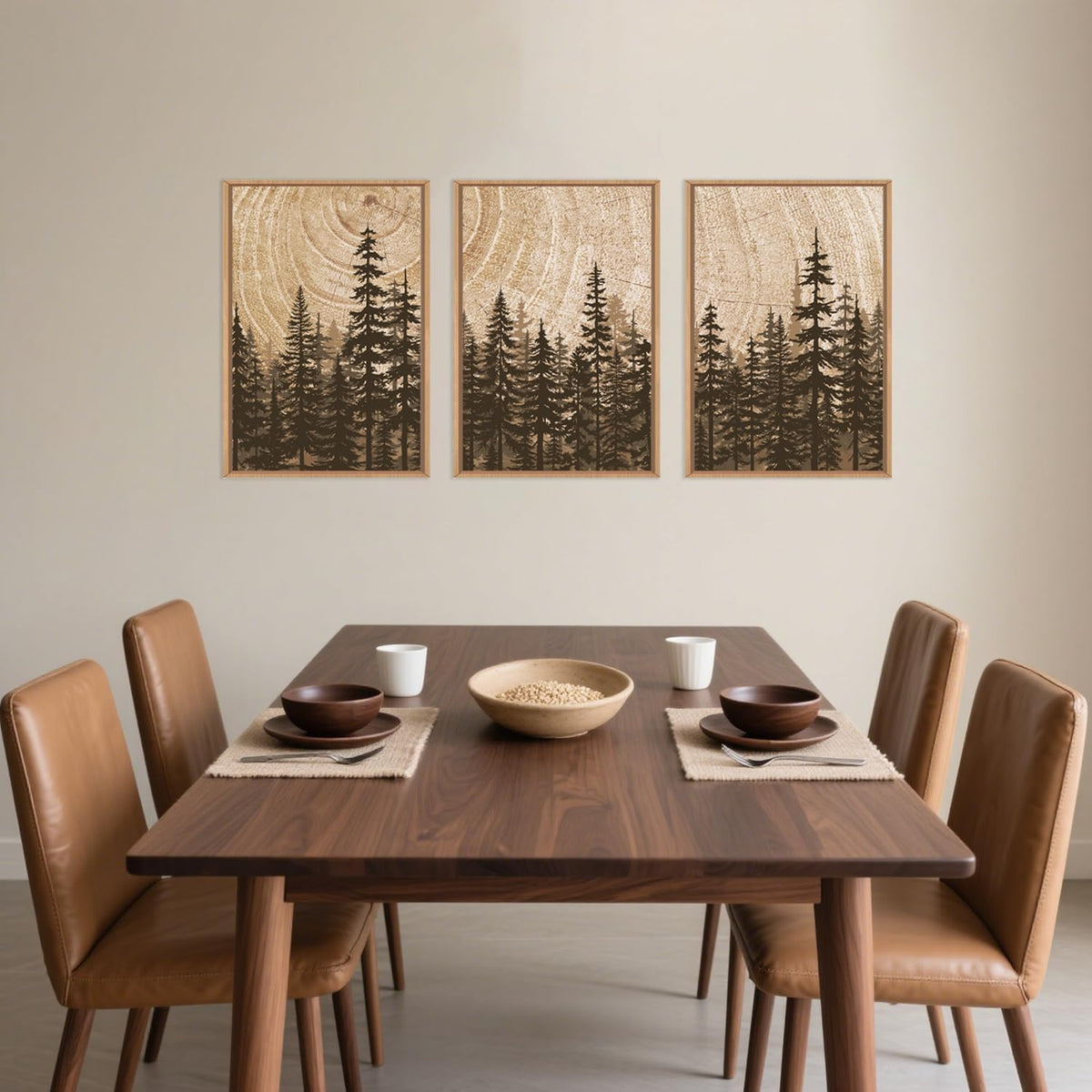 Celestdeco Pine Tree Framed Canvas Wall Art Set, Natural Woodland Landscape Wall Decor, Large Retro Forest Painting, Vintage Brown Artwork for Living Room, Bedroom, Kitchen, Study, Office - 24"x36"x3