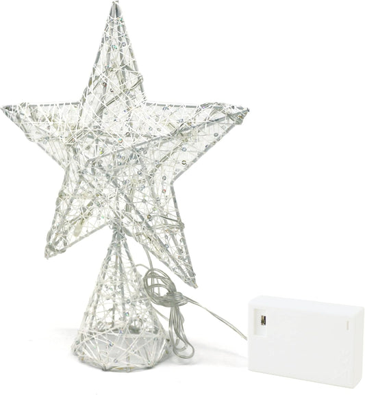 CVHOMEDECO. White Tree Top Star with Warm White LED Lights and Timer for Christmas Ornaments and Holiday Seasonal Décor, 8 x 10 Inch