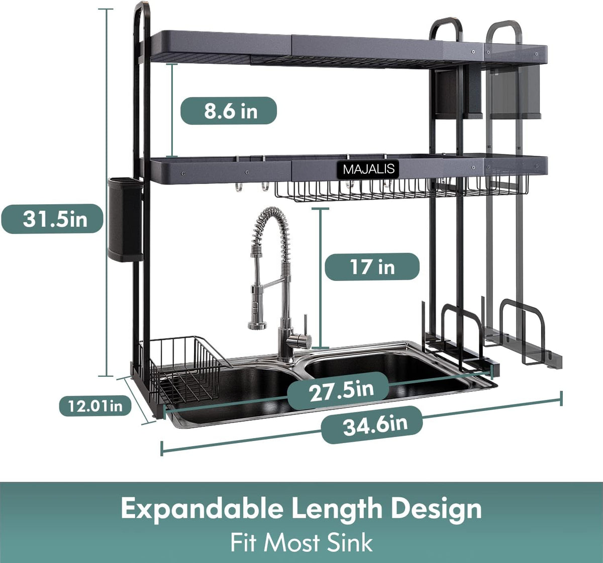 MAJALiS Over Sink Dish Drying Rack, Stainless Steel 2 Tier Large Dish Drainer Above Sink Adjustable 27.5" - 34.6", Expandable Kitchen Counter Organizer Storage Shelf with 6 Hooks