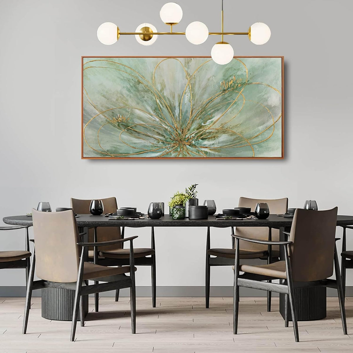 YJYart Green Abstract Canvas Artwork Flowers Wall Decor for Office Line Art Painting 24"x 48" Pictures for Bedroom Dining Room Neutral Wall Art