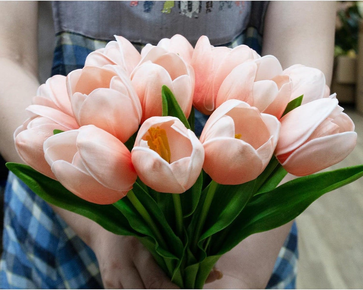 Buart Artificial Tulip in Bulk for Home Kitchen Wedding Bridal Bouquet,Fake Flowers for Valentine's Day Mother's Day Easter Table Centerpieces Decorations(Peach,Real-Touch,12pcs)