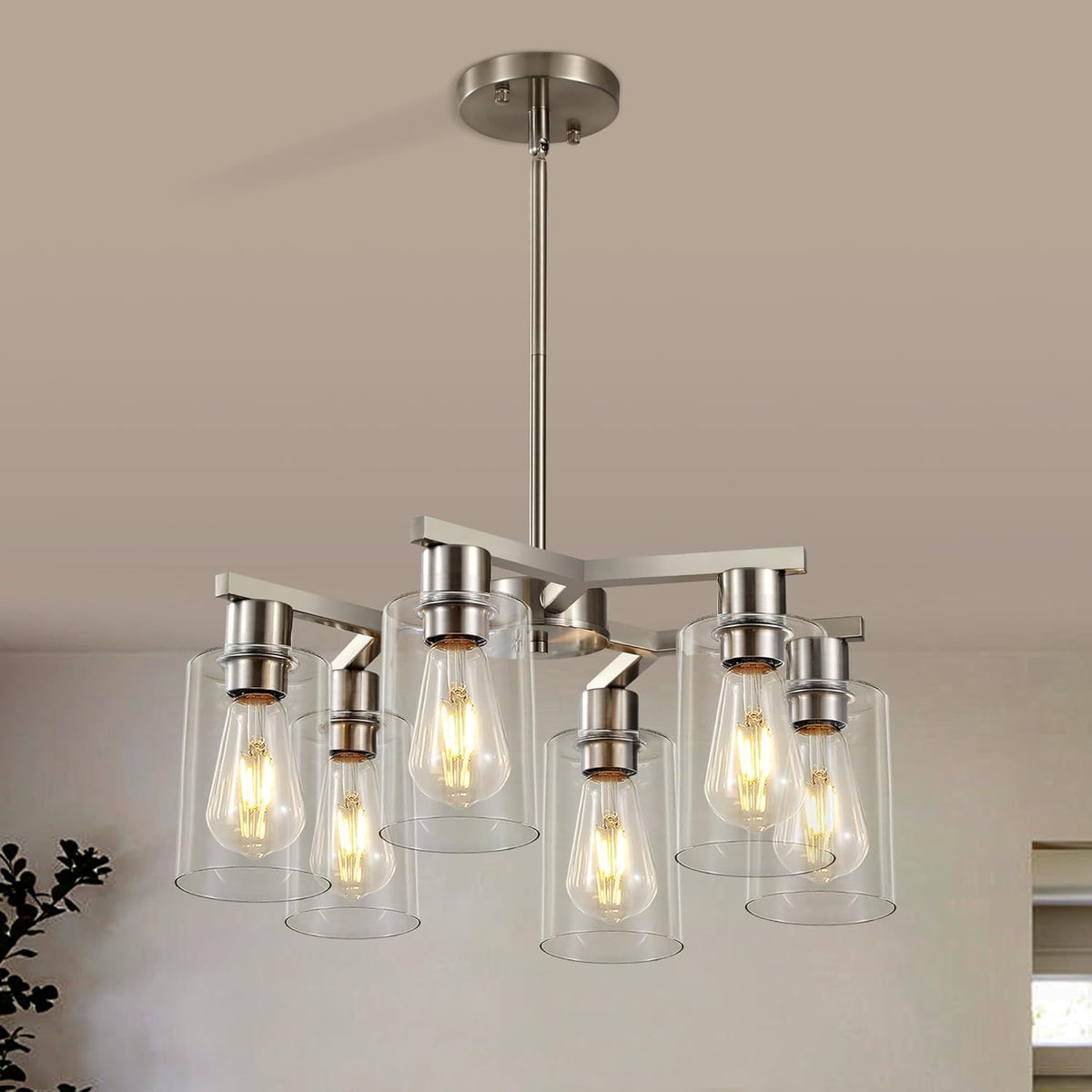 6-Light Modern Farmhouse Brushed Nickel Chandelier, Dining Room Light Fixture Over Table Adjustable Height Hanging Industrial Pendant Lights Kitchen Island, Clear Glass Shade