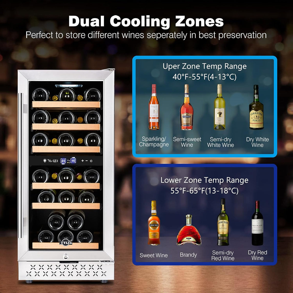 Tylza Mini Fridge 15 Inch Wine Cooler Under Counter, 33 Bottle Dual Zone Wine Fridge with Stainless Steel, Wine Refrigerator Freestanding, Built-in Wine Cellars