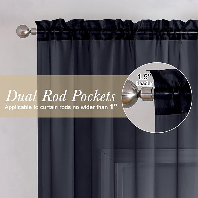 Black Sheer Curtains 84 Inches Long 2 Panels, Solid Voile Light Filtering Airy - Image 2