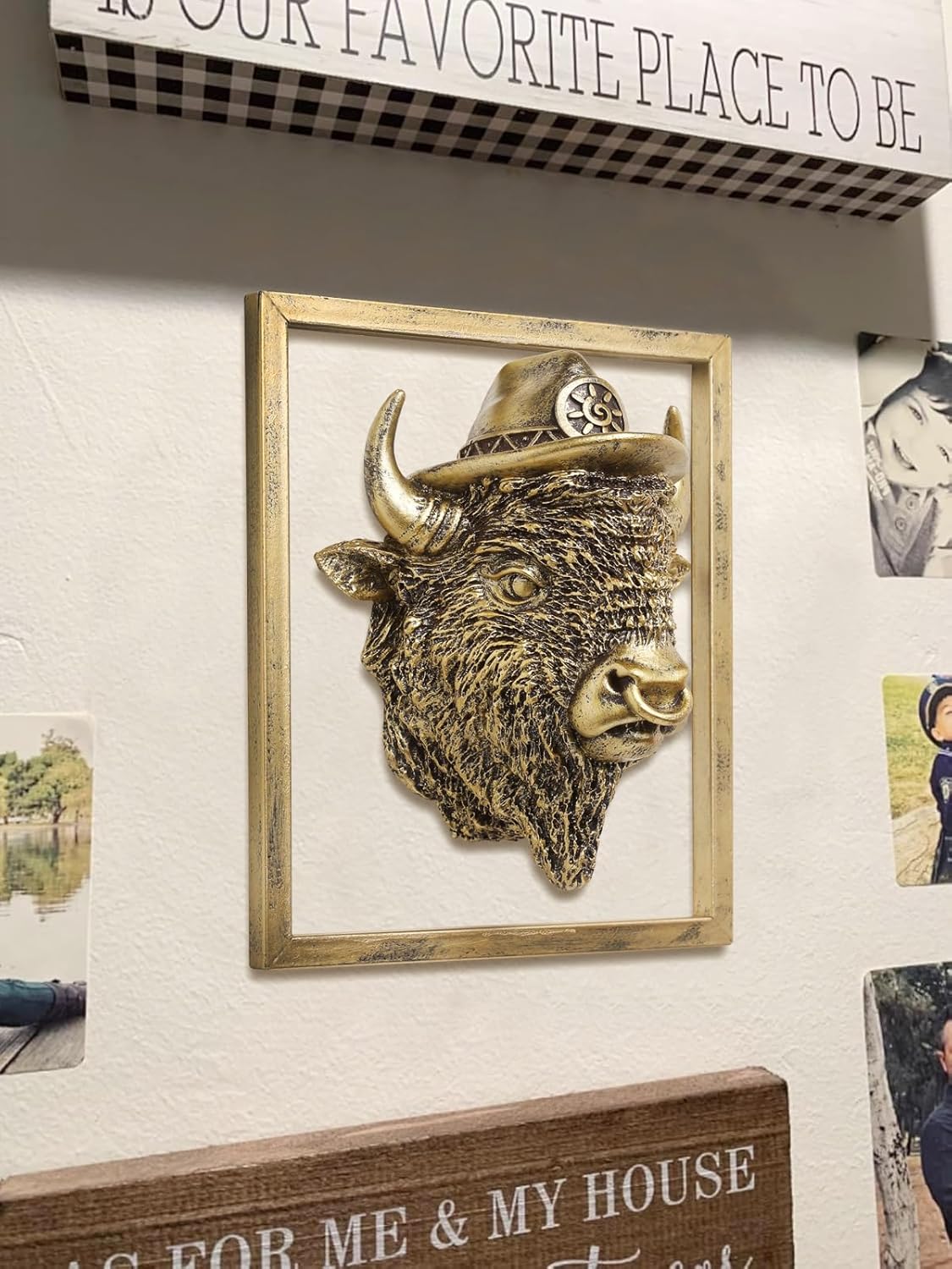 Animal Heads Wall Decor (Includes Metal Frame) Resin Animals Sculptures Head Wall Hanging Decoration Gold vintage Wall Sculpture for Living Room Bedroom Office (American Bison)
