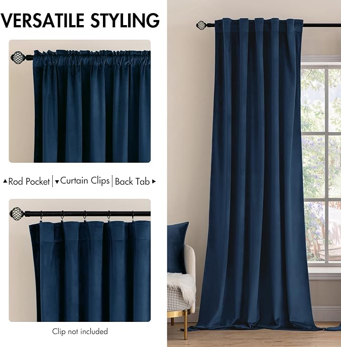 MIULEE Navy Blue Velvet Curtains 52x96 inches Luxury Blackout Curtains | - Image 2
