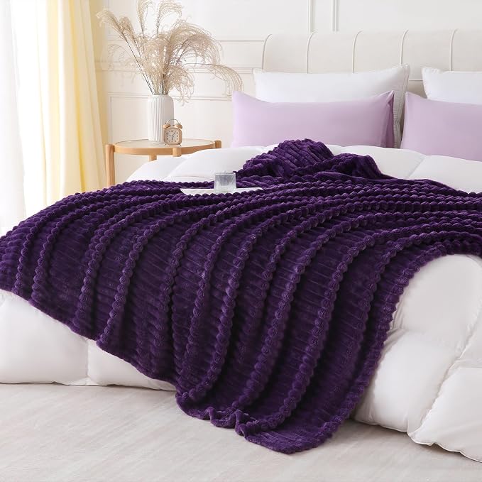 Deep Purple Throw Blanket for Couch Sofa 60x80 inches Striped Design | Fleece - Image 3