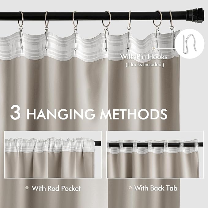 MIULEE Natural Back Tab Blackout Curtains 52x108 Inch Long 2 Panels Set | Rod - Image 3