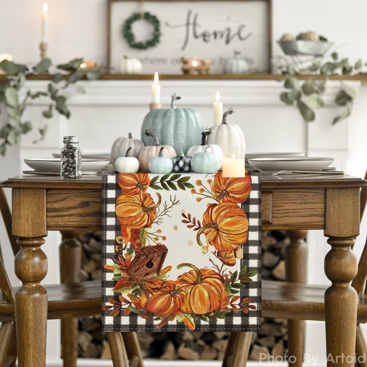 Artoid Mode Buffalo Plaid Pumpkins Mushrooms Birdhouse Leaves Table Runner, Seasonal Fall Harvest Vintage Kitchen Dining Table Decoration for Indoor Outdoor Home Party Decor 13 x 90 Inch.