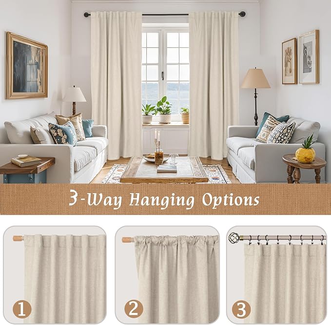 Oatmeal 100% Blackout Linen Curtains 63 Inch Length 2 Panels | Linen Textured - Image 9