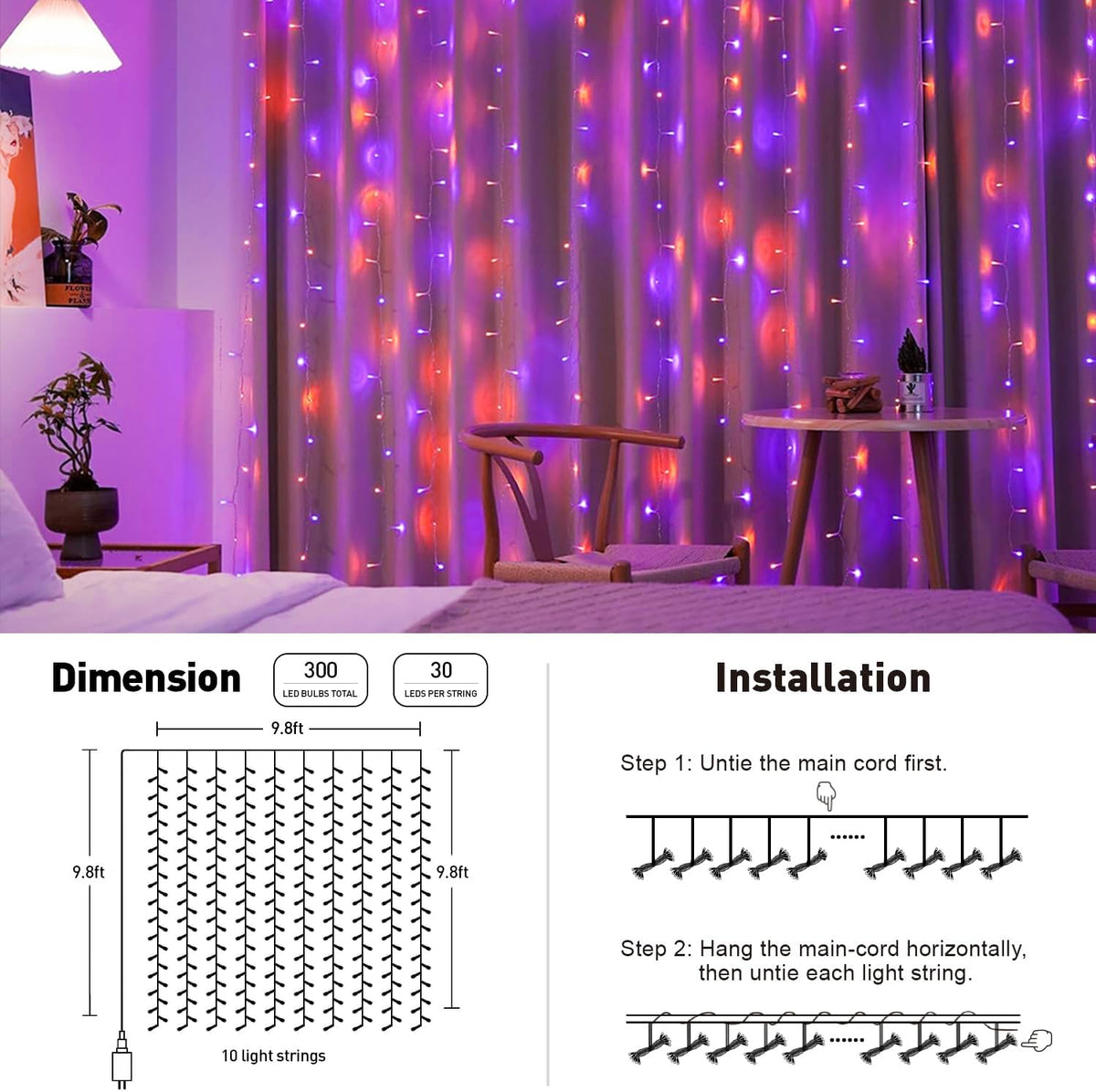 JMEXSUSS 300LED Orange and Purple Halloween Curtain Lights with Remote, 9.8x9.8ft Window Twinkle Hanging String Lights Plug in, Halloween Lights for Bedroom Wall Party Backdrop Indoor Outdoor Decor