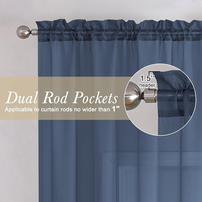 Navy Blue Sheer Curtains 63 Inch Length 2 Panels, Rod Pockets Window Treatments - Image 3
