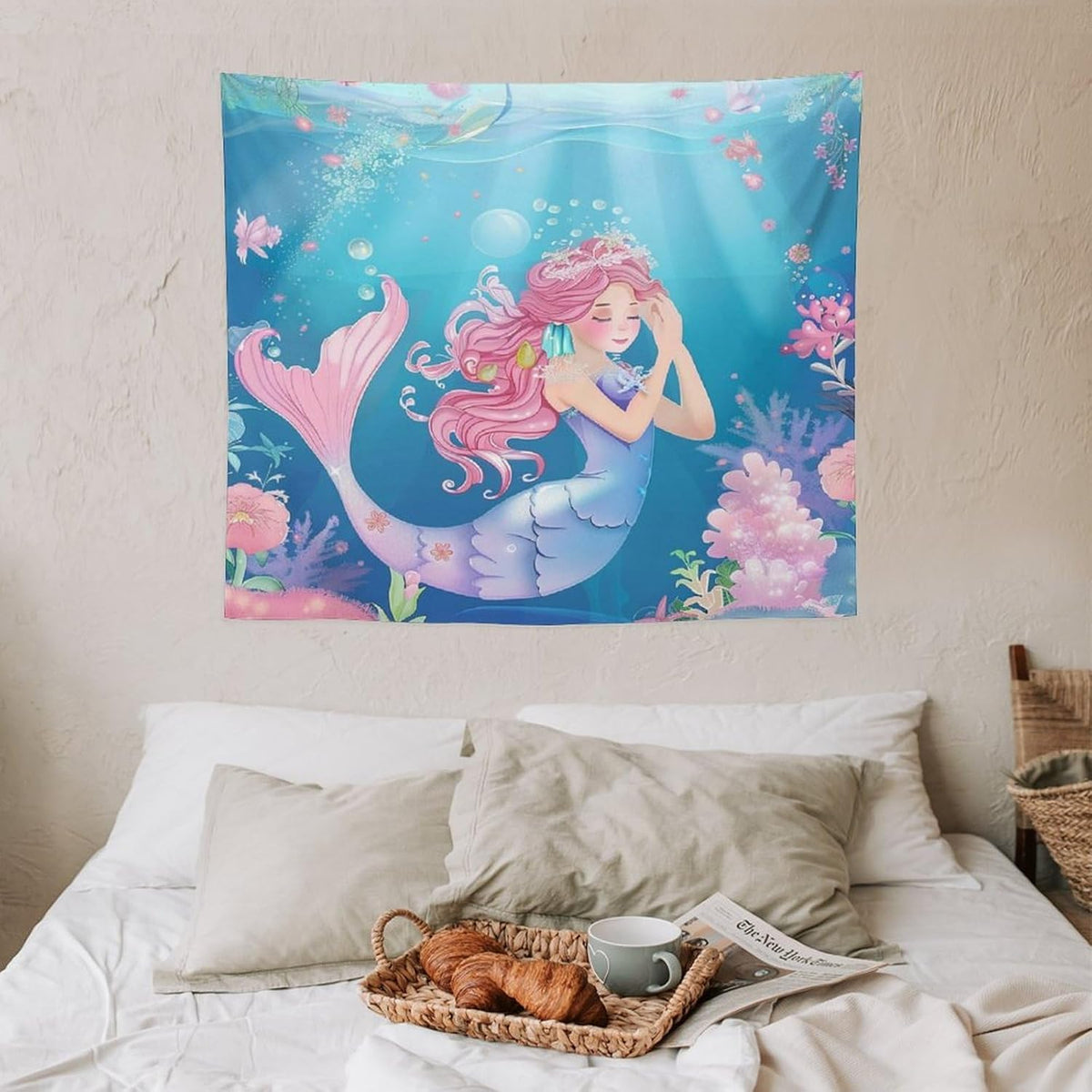 HZOHNAGO Mermaid Girls Tapestry Watercolor Flowers Mermaid Princess Blessing Pattern for Kids Room Decoration Printed Wall Tapestry Wall Hanging for Bedroom Living Room Dorm 60" W x 50" H