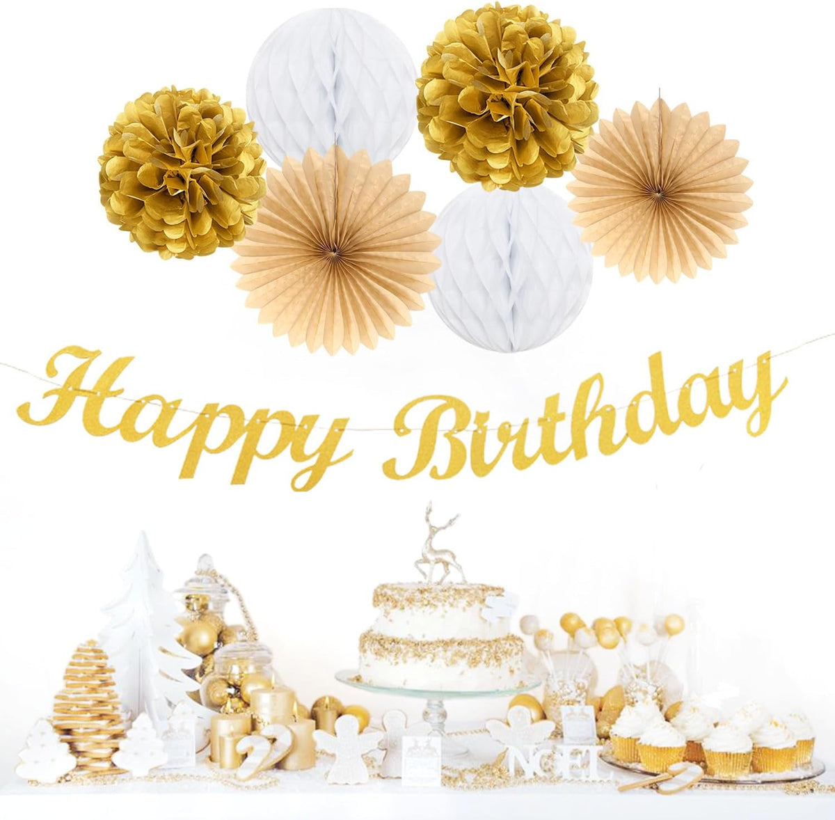 White-Gold Champagne Birthday Party-Decorations Paper-Flowers - 14pcs Happy Banner Engagement Honeycomb Tissue Pom Poms,Women Streamers Garland Beige Fans,21st 18th Girl Hanging Supplies Decor Hugfond