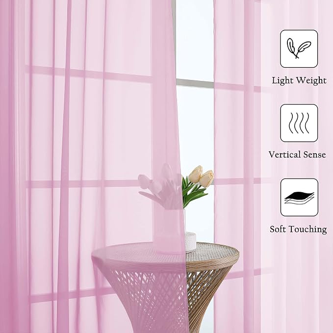 Light Pink Sheer Curtains 90 Inches Long 2 Panels Set, Dual Rod Pocket Living - Image 2