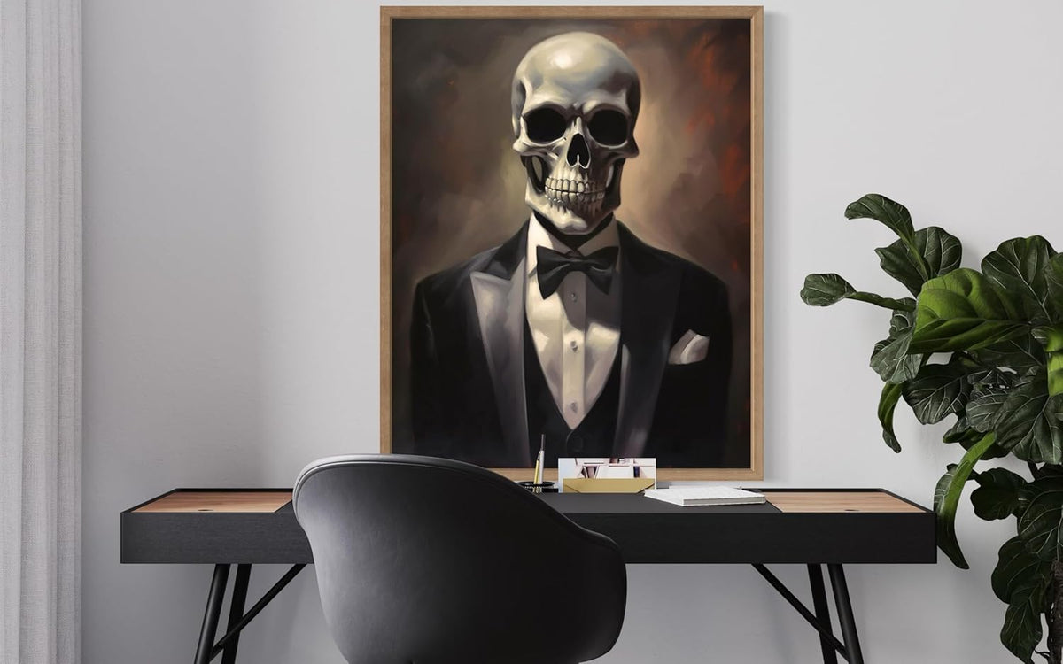 Skull Portrait Poster Art Print, Halloween Scary Vintage Wall Art Academia Spooky Painting Decoration for Horror Prints, Gothic Posters Bedroom Decor 89 (Skull Portrait, 11 x 14 inches, Wood Frame)
