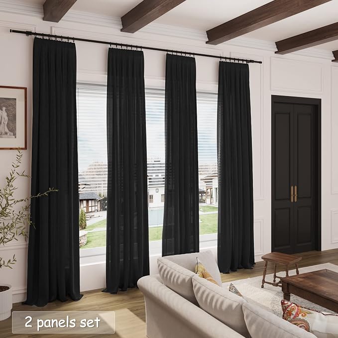 Black Boho Curtains for Bedroom Back Tab Rod Pocket Semi Sheer Linen Curtains - Image 7
