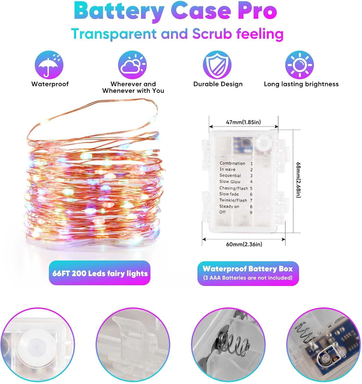 2 Pack 65.6 Ft. Battery Operated Outdoor String Lights with Remote & Timer, LED Multi Color Fairy Lights, Waterproof Twinkle Lights for Bedroom, Dorm, Mason Jar, Wedding, Party, Christmas