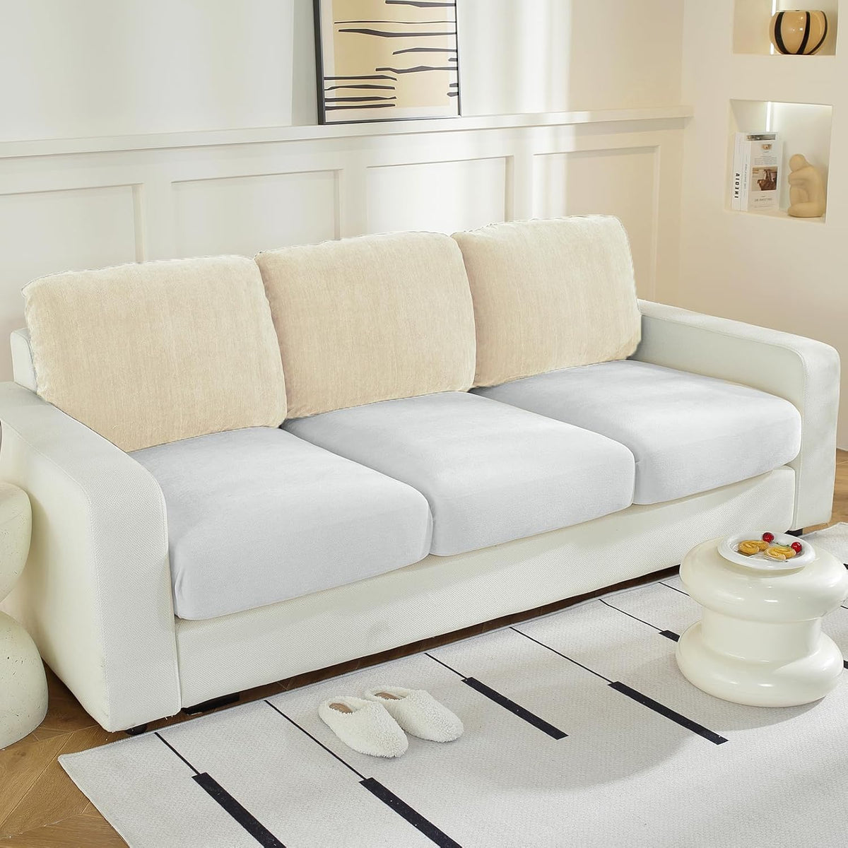 Large Backrest Cushion Covers Super Stretch Backrest Covers for 3 Cushion Couch Sofa, Couch Back Cushion Covers Featuring with Chenille Yarn (Softer Version, 3PC, Beige)