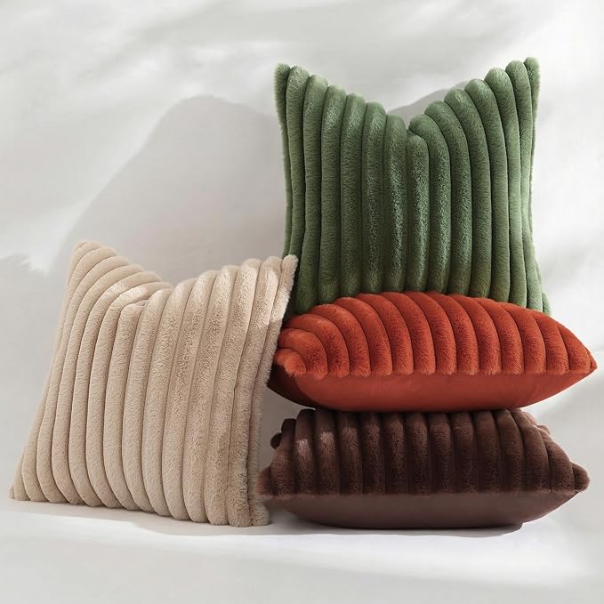decorUhome Fall Faux Fur Throw Pillow Covers 12x12 Set of 2 Khaki Brown | - Image 5