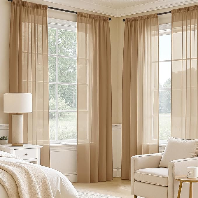 MIULEE Brown Sheer Curtains 108 Inches Long 4 Panels 54 x 108 Inches | Light - Image 2