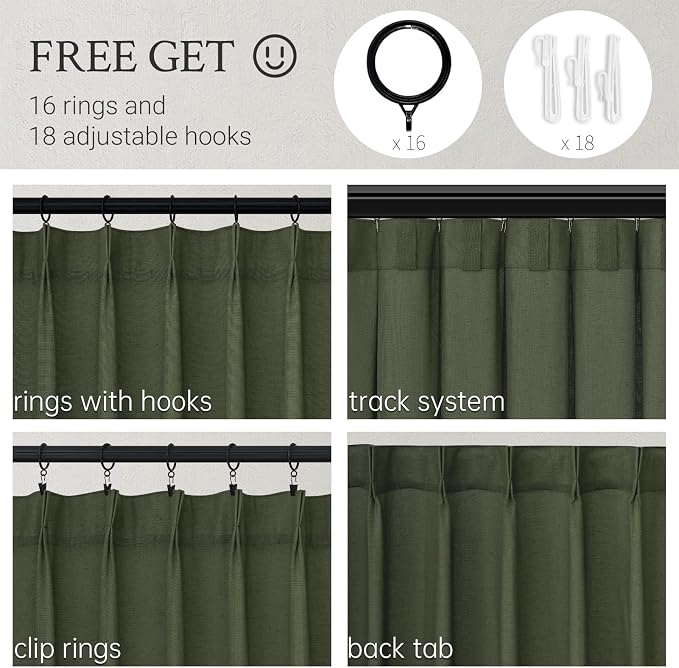 Topfinel 102 Inch Pinch Pleated Linen Curtains 1 Panels, Olive Green Semi Sheer - Image 2