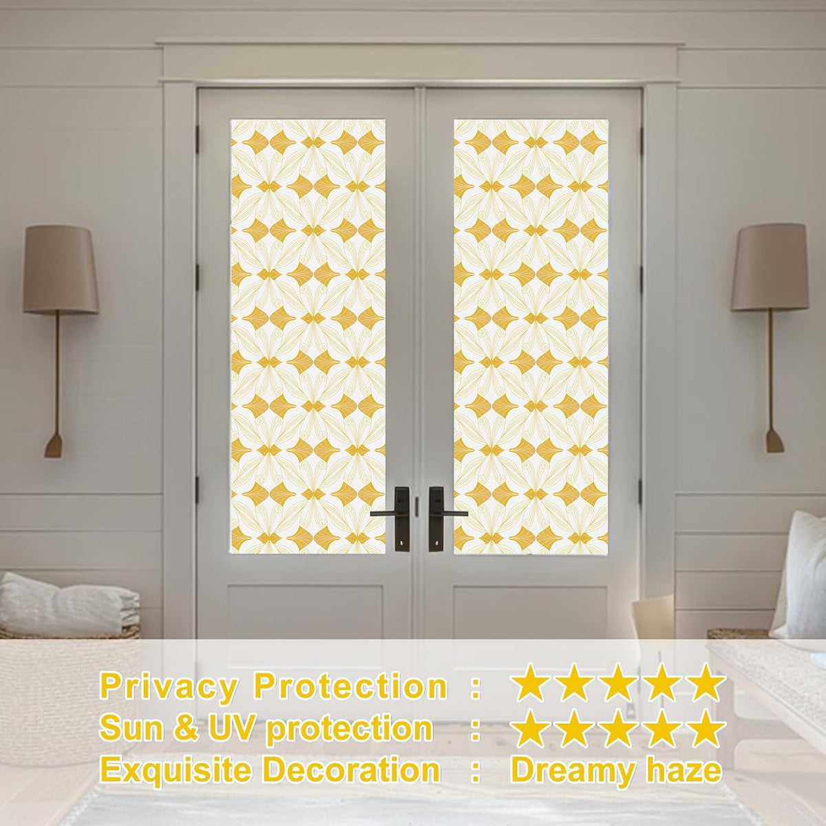 Window Privacy Film Stained Glass Decorative Static Clings Frosted Window Tint for Home Room Decor Bathroom Door Car Stickers with Glittering Effect, Removable(Golden Geometry)
