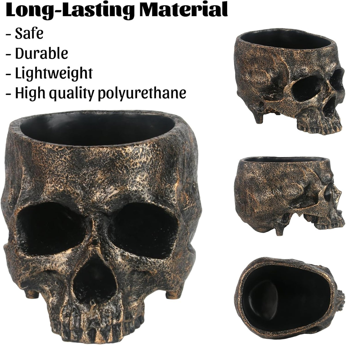 GameXcel Halloween Skull Candy Dish - Large Skull Candy Bowl for Trick or Treat - Skeleton Head Treat Container Planter or Desktop Halloween Decor - Bronze Resin