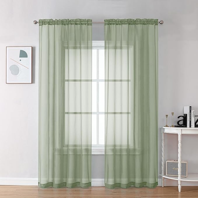 Sage Green Sheer Curtains 90 Inches Long 2 Panels by OVZME