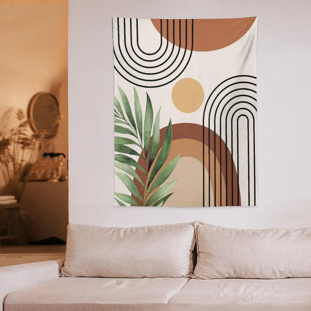 Abstract Bohemian Mid Century Tapestry, Tropical Leaves Modern Geometric Archway Minimalist Bohemian Botanical Aesthetic Wall Hanging, Sage Green Gold Home Decor Art for Bedroom 40x60 Inch