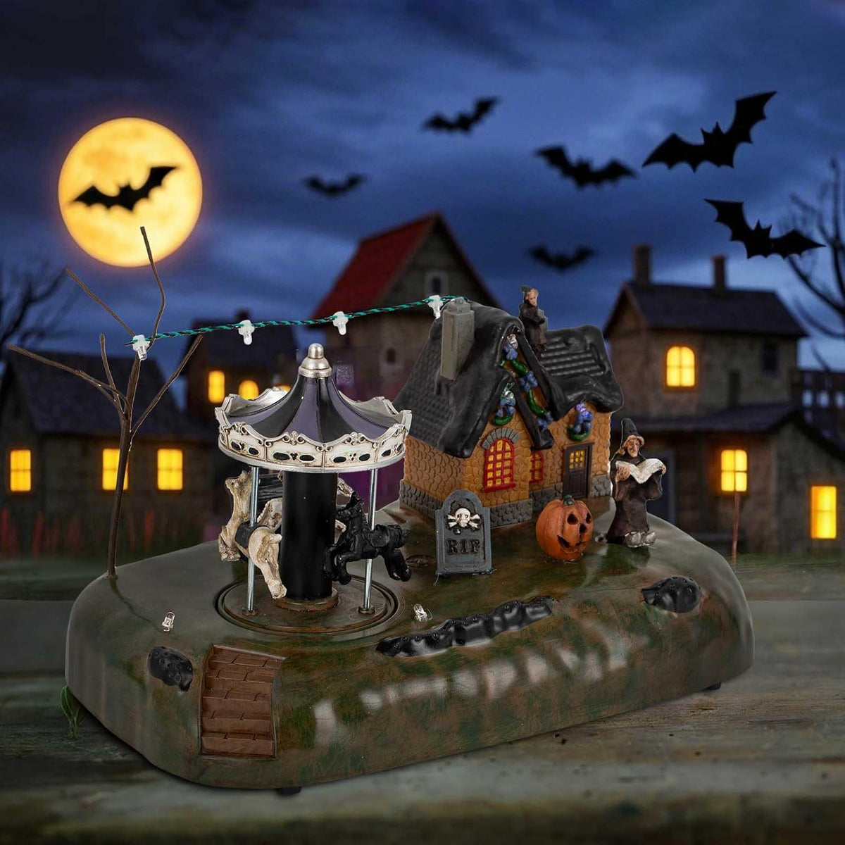 Animated Halloween Carousel Village House, LED Spooky Festival Display Collection Battery Operate, Indoor Use only