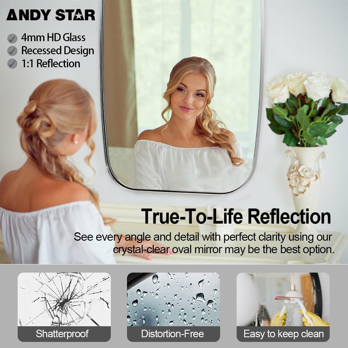 ANDY STAR Chrome Bathroom Mirror, 28x36 Inch Stainless Steel Metal Frame Oblong Bathroom Mirror for Vanity, 1’’ Deep Wall Mounted Vertically/Horizontal