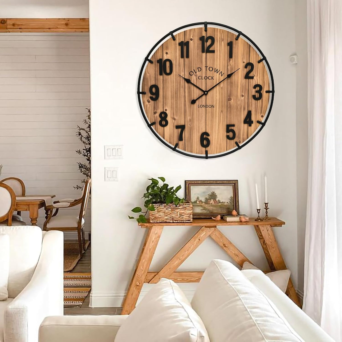 Large Old Town Farmhouse Wall Clock 30 Inches Rustic Antique Wood with Metal Circle and Large Numerals Silent Battery Operated Wall Clock for Office Kitchen Bedroom Living Room
