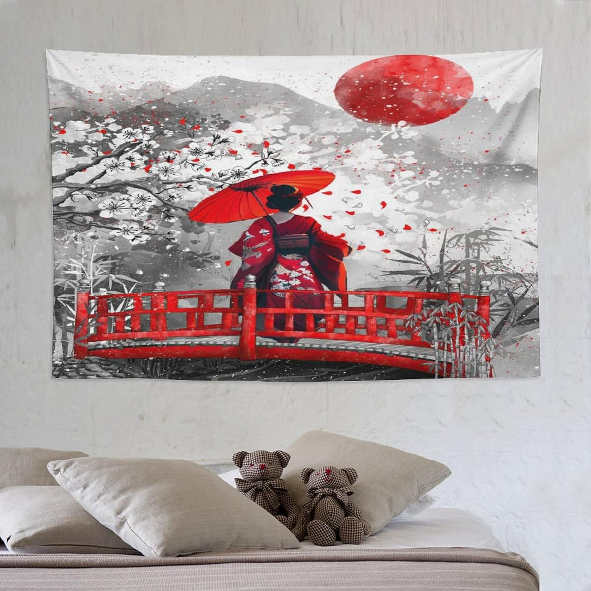 Japanese Red Geisha Tapestry Asian Cherry Blossom Red Sun Traditional Kimono Folk Tapestries Home Decor for Living Room Bedroom Apartment Farmhouse Dorm 90"x60"