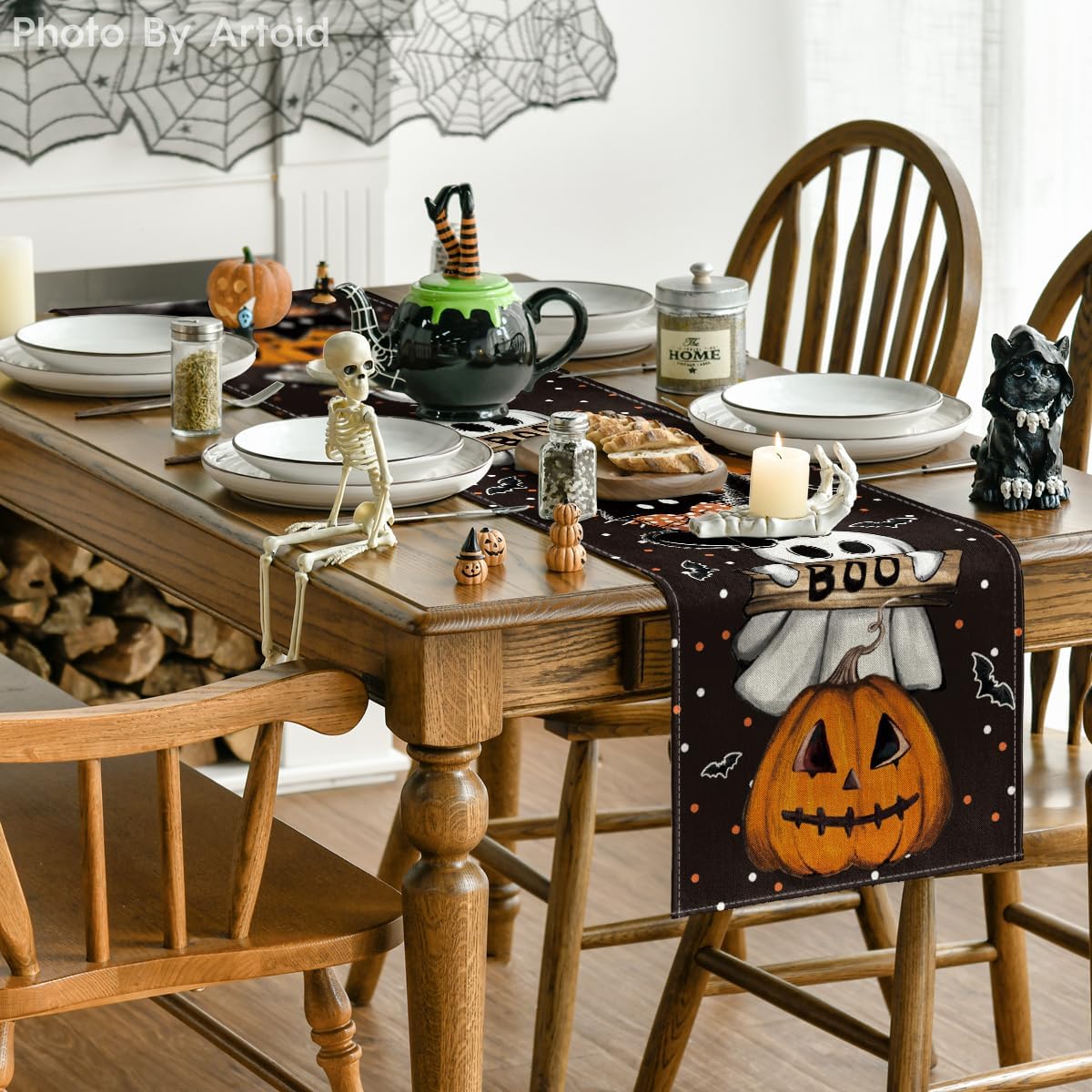 Artoid Mode Polka Dot Ghost Pumpkin Cat Boo Halloween Table Runner, Bat Seasonal Fall Kitchen Dining Table Decoration for Home Party Decor 13x60 Inch