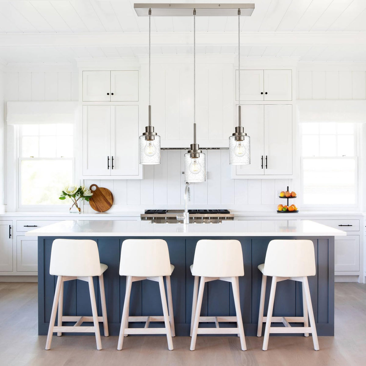 3-Light Farmhouse Chandelier Light Fixture Brushed Nickel Clear Seeded Glass Dining Room Hanging Modern Pendant Lighting Over Table,Traditional Ceiling Lights for Kitchen Island Entryway