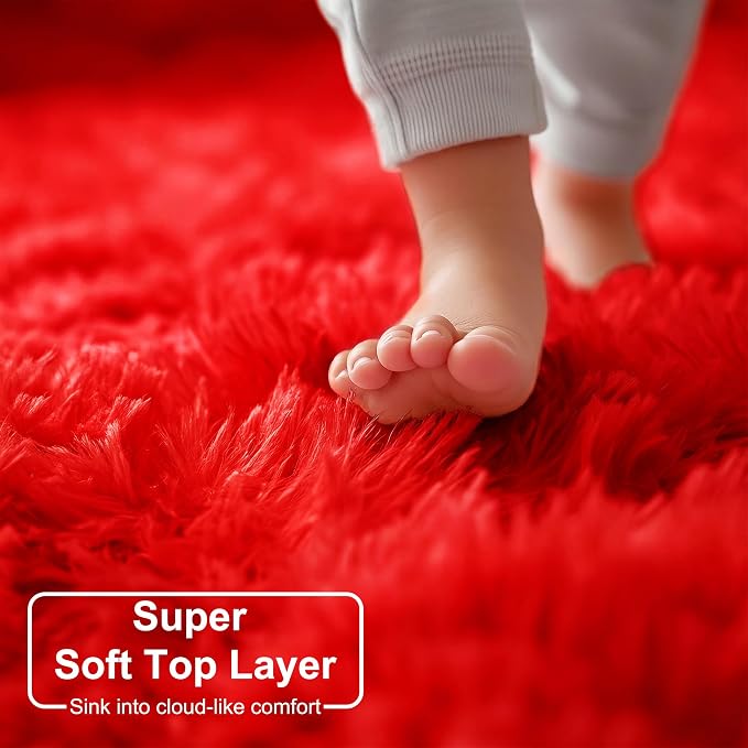 Amdrebio Red Fluffy Round Rug 5Ft - Image 2