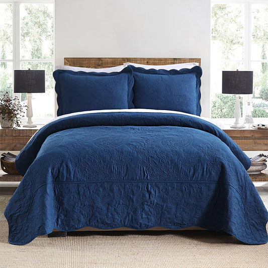 Cotton Bedspread Quilt Sets, Real Patchwork Bedding Sets with Luxury Floral Paisley Pattern, 3 Pieces Reversible Soft Lightweight Coverlet for All Season, Navy Blue, King Size