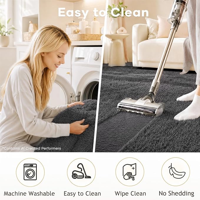 Ophanie Area Rugs for Living Room Bedroom, Washable Non-Slip Fluffy Soft Grey - Image 4