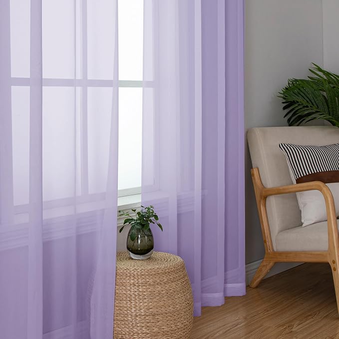 Light Purple Sheer Curtains 63 inch Length 2 Panels Set, Rod Pocket Light - Image 3