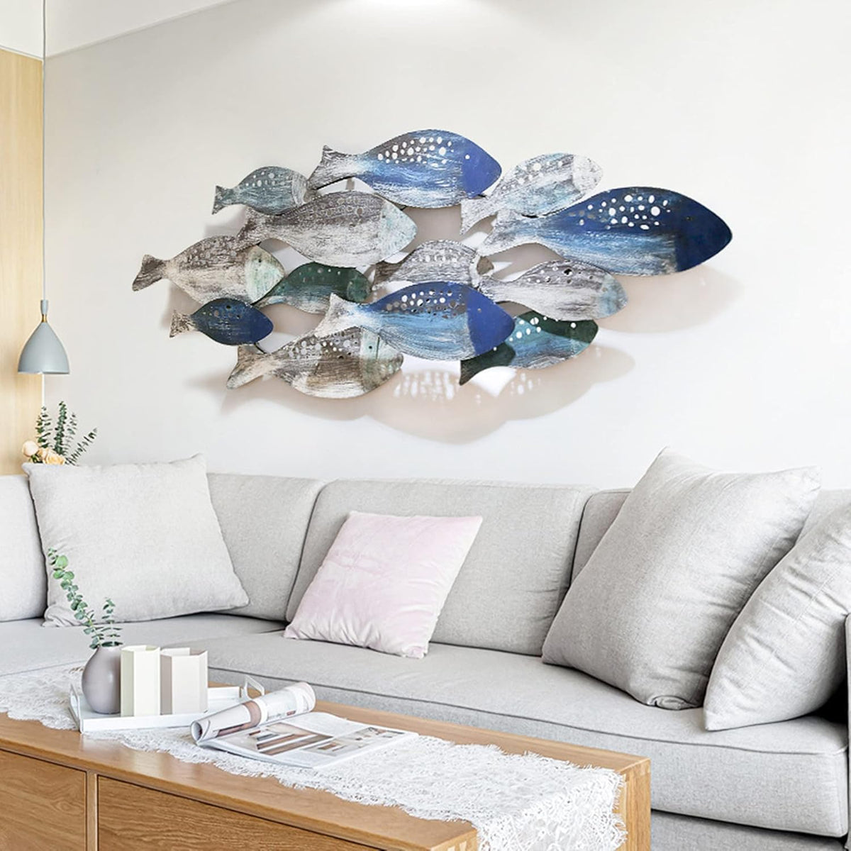 FMXYMC Coastal Ocean Metal 3D Fish Wall Sculpture, 50" x 20", Hand Painted Hanging Decoration for Living Room/Bedroom/Dining Room