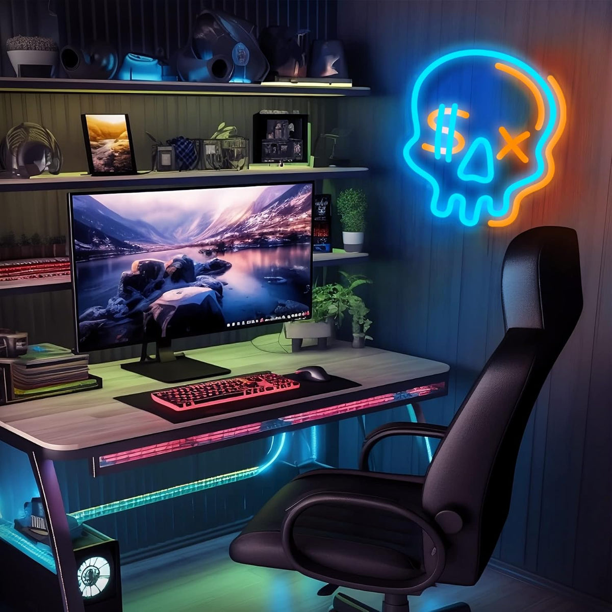 Eufrozy Halloween Neon Sign for Boys Room, Cool Skull Led Signs Kids Bedroom Decor, 6 Dimmable USB Powered Led Lights for Teenage Gamer Wall Decor Man Cave Gifts Blue Skeleton Decorations