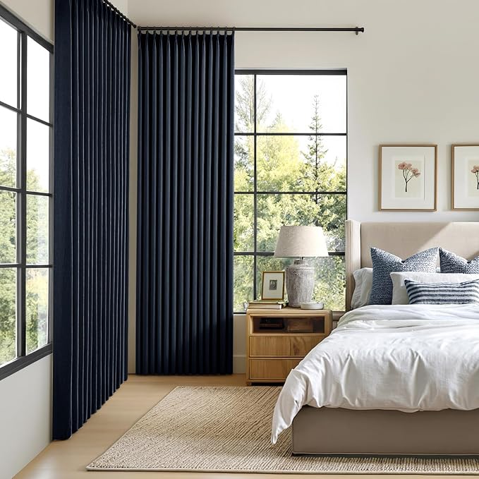 MIULEE Navy Blue Pinch Pleated 100% Blackout Linen Curtains 40x90 Inches | Room - Image 2