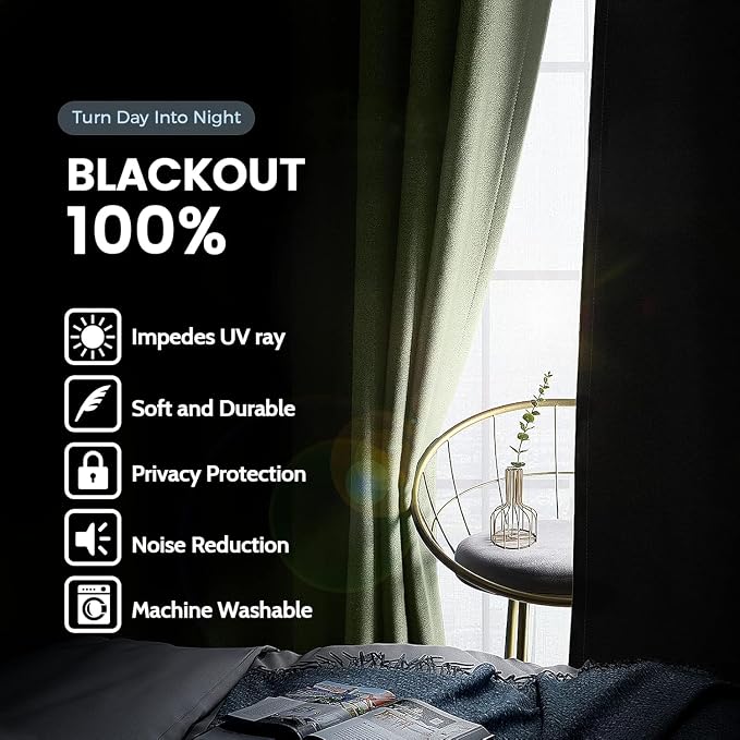 SimpleHome Sage 100% Blackout Curtains Room Darkening Living Room 54 Inch | - Image 3